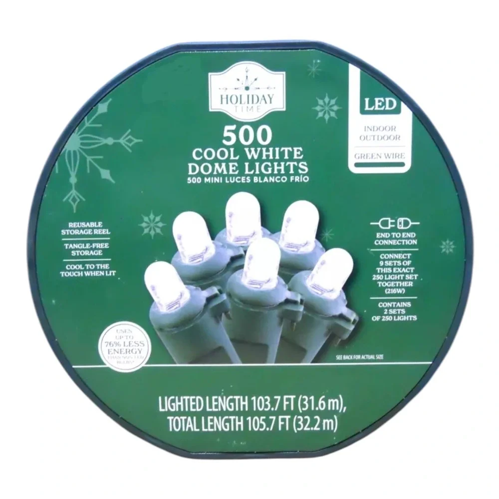 Holiday Time 500-Count Cool White LED Dome Christmas String Lights Green Cord